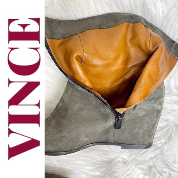 VINCE Michela Moss Green Suede Leather Covered Wedge Bootie, 7M/37.5 - Picture 14 of 16